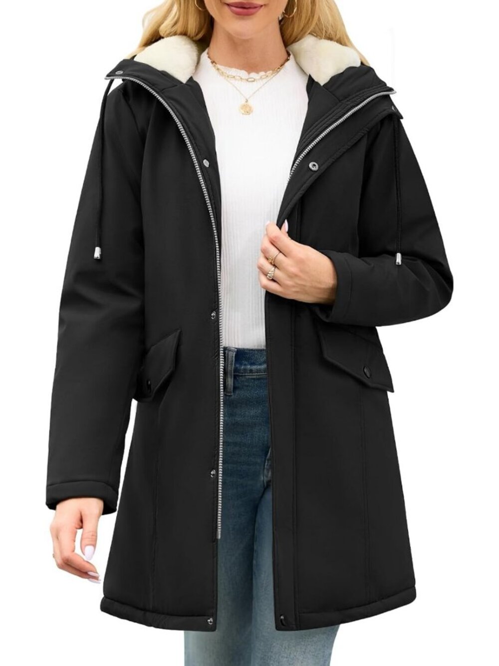 Cozy Water-Repellent Winter Rain Jacket with Fleece Lining, Adjustable Hood